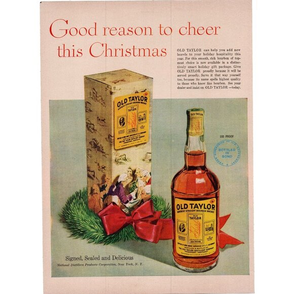 1949 Old Taylor Kentucky Bourbon Vintage Print Ad Whiskey Christmas 40s Wall Art - Picture 1 of 2